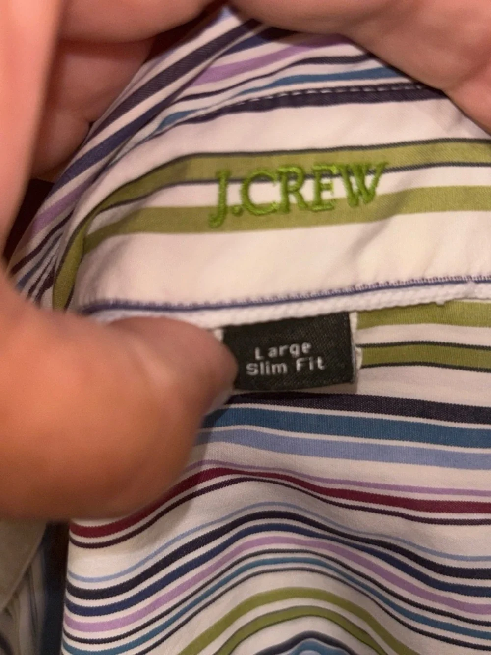 J. Crew Men's White Button-Up Shirt with Blue, Green and Red Stripes